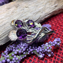 Load image into Gallery viewer, Thistle Brooch, Scotland Jewelry, Outlander Jewelry, Bridal Brooch, Thistle Jewelry, Scottish Jewelry, Celtic Brooch, Amethyst Silver Pin