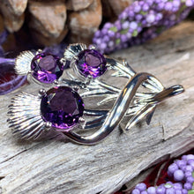 Load image into Gallery viewer, Thistle Brooch, Scotland Jewelry, Outlander Jewelry, Bridal Brooch, Thistle Jewelry, Scottish Jewelry, Celtic Brooch, Amethyst Silver Pin