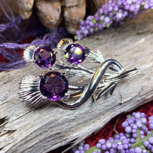 Load image into Gallery viewer, Thistle Brooch, Scotland Jewelry, Outlander Jewelry, Bridal Brooch, Thistle Jewelry, Scottish Jewelry, Celtic Brooch, Amethyst Silver Pin