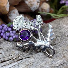 Load image into Gallery viewer, Thistle Brooch, Scotland Jewelry, Outlander Jewelry, Bridal Brooch, Thistle Jewelry, Scottish Jewelry, Celtic Brooch, Amethyst Silver Pin