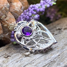 Load image into Gallery viewer, Thistle Brooch, Scotland Jewelry, Outlander Jewelry, Bridal Brooch, Thistle Jewelry, Scottish Jewelry, Celtic Brooch, Amethyst Silver Pin