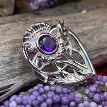 Load image into Gallery viewer, Thistle Brooch, Scotland Jewelry, Outlander Jewelry, Bridal Brooch, Thistle Jewelry, Scottish Jewelry, Celtic Brooch, Amethyst Silver Pin