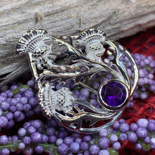 Load image into Gallery viewer, Thistle Brooch, Scotland Jewelry, Outlander Jewelry, Bridal Brooch, Thistle Jewelry, Scottish Jewelry, Celtic Brooch, Amethyst Silver Pin