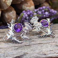 Load image into Gallery viewer, Thistle Earrings, Celtic Jewelry, Scotland Jewelry, Outlander Gift, Nature Jewelry, Thistle Jewelry, Amethyst Jewelry, Wife Gift, Mom Gift