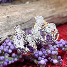 Load image into Gallery viewer, Thistle Earrings, Celtic Jewelry, Scotland Jewelry, Outlander Gift, Nature Jewelry, Thistle Jewelry, Amethyst Jewelry, Wife Gift, Mom Gift