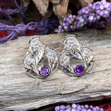 Load image into Gallery viewer, Thistle Earrings, Celtic Jewelry, Scotland Jewelry, Outlander Gift, Nature Jewelry, Thistle Jewelry, Amethyst Jewelry, Wife Gift, Mom Gift