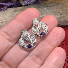 Load image into Gallery viewer, Thistle Earrings, Celtic Jewelry, Scotland Jewelry, Outlander Gift, Nature Jewelry, Thistle Jewelry, Amethyst Jewelry, Wife Gift, Mom Gift