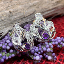 Load image into Gallery viewer, Thistle Earrings, Celtic Jewelry, Scotland Jewelry, Outlander Gift, Nature Jewelry, Thistle Jewelry, Amethyst Jewelry, Wife Gift, Mom Gift