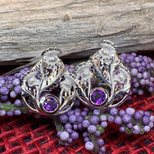Load image into Gallery viewer, Thistle Earrings, Celtic Jewelry, Scotland Jewelry, Outlander Gift, Nature Jewelry, Thistle Jewelry, Amethyst Jewelry, Wife Gift, Mom Gift