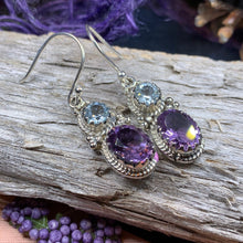 Load image into Gallery viewer, Amethyst Romance Earrings, Celtic Jewelry, Dangle Earrings, Goddess Jewelry, Boho Gift, Anniversary Gift, Silver Mom Gift, Purple Jewelry
