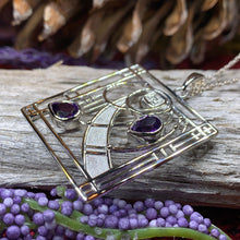 Load image into Gallery viewer, Mackintosh Necklace, Scottish Jewelry, Amethyst Pendant, Celtic Jewelry, Art Deco Pendant, Anniversary Gift, Scotland Necklace, Wife Gift