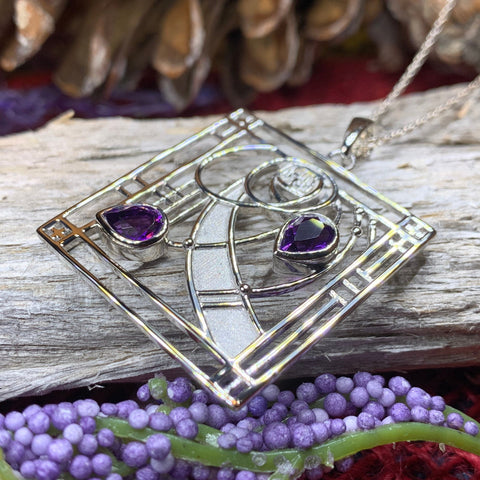 Load image into Gallery viewer, Mackintosh Necklace, Scottish Jewelry, Amethyst Pendant, Celtic Jewelry, Art Deco Pendant, Anniversary Gift, Scotland Necklace, Wife Gift