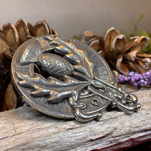 Load image into Gallery viewer, Thistle Brooch, Celtic Jewelry, Scottish Pin, Scotland Brooch, Celtic Brooch, Anniversary Gift, Cap Badge Pin, Bagpiper Gift, Plaid Pin