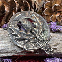 Load image into Gallery viewer, Thistle Brooch, Celtic Jewelry, Scottish Pin, Scotland Brooch, Celtic Brooch, Anniversary Gift, Cap Badge Pin, Bagpiper Gift, Plaid Pin