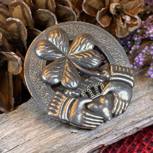 Load image into Gallery viewer, Claddagh Brooch, Celtic Jewelry, Irish Pin, Shamrock Brooch, Ireland Brooch, Anniversary Gift, Cap Badge Pin, Bagpiper Gift, Plaid Pin