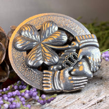 Load image into Gallery viewer, Claddagh Brooch, Celtic Jewelry, Irish Pin, Shamrock Brooch, Ireland Brooch, Anniversary Gift, Cap Badge Pin, Bagpiper Gift, Plaid Pin