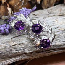 Load image into Gallery viewer, Thistle Brooch, Scotland Jewelry, Outlander Jewelry, Bridal Brooch, Thistle Jewelry, Scottish Jewelry, Celtic Brooch, Amethyst Silver Pin
