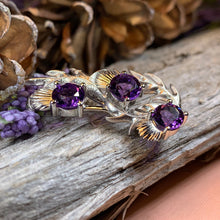Load image into Gallery viewer, Thistle Brooch, Scotland Jewelry, Outlander Jewelry, Bridal Brooch, Thistle Jewelry, Scottish Jewelry, Celtic Brooch, Amethyst Silver Pin