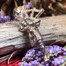 Load image into Gallery viewer, Bagpiper Brooch, Celtic Brooch, Scotland Jewelry, Irish Jewelry, Dad Gift, Highland Dance Gift, Bagpipes Gift, Scotland Jewelry