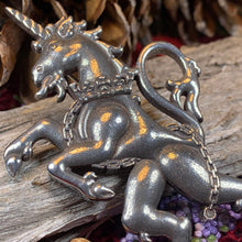 Load image into Gallery viewer, Unicorn of Scotland Pin, Unicorn Jewelry, Scottish Tartan Pin, Animal Jewelry, Scotland Jewelry, Celtic Jewelry, Anniversary Gift, Plaid Pin