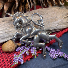 Load image into Gallery viewer, Unicorn of Scotland Pin, Unicorn Jewelry, Scottish Tartan Pin, Animal Jewelry, Scotland Jewelry, Celtic Jewelry, Anniversary Gift, Plaid Pin
