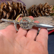 Load image into Gallery viewer, Thistle Kilt Pin, Sword Pin, Scottish Brooch, Scotland Jewelry, Celtic Pin, Tartan Pin, Thistle Jewelry, Groom Gift, Dad Gift, Bagpiper Gift
