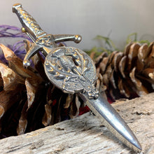 Load image into Gallery viewer, Thistle Kilt Pin, Sword Pin, Scottish Brooch, Scotland Jewelry, Celtic Pin, Tartan Pin, Thistle Jewelry, Groom Gift, Dad Gift, Bagpiper Gift