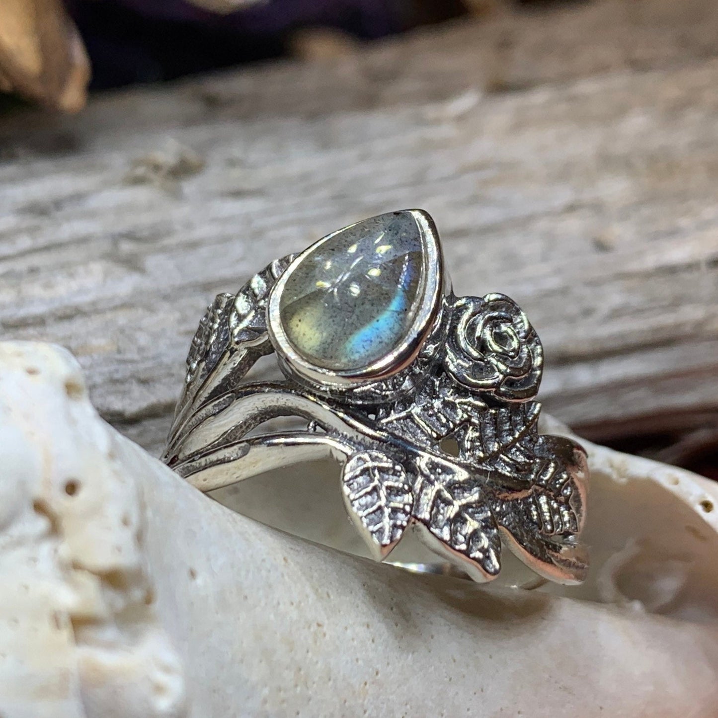 Wild Irish Rose Ring, Silver Boho Ring, Irish Ring, Garnet Jewelry, Celtic Jewelry, Anniversary Gift, Wiccan Jewelry, Wife Gift, Flower Ring