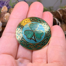 Load image into Gallery viewer, Celtic Shamrock Brooch, Shamrock Jewelry, Irish Brooch, Scarf Pin, Coat Pin, Enamel Jewelry, Irish Jewelry, Ireland Pin, Mom Gift, Lapel Pin