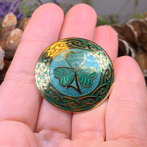 Load image into Gallery viewer, Celtic Shamrock Brooch, Shamrock Jewelry, Irish Brooch, Scarf Pin, Coat Pin, Enamel Jewelry, Irish Jewelry, Ireland Pin, Mom Gift, Lapel Pin