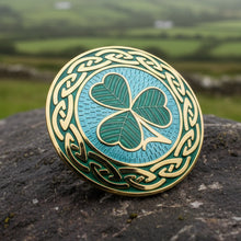 Load image into Gallery viewer, Celtic Shamrock Brooch, Shamrock Jewelry, Irish Brooch, Scarf Pin, Coat Pin, Enamel Jewelry, Irish Jewelry, Ireland Pin, Mom Gift, Lapel Pin