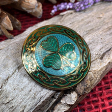 Load image into Gallery viewer, Celtic Shamrock Brooch, Shamrock Jewelry, Irish Brooch, Scarf Pin, Coat Pin, Enamel Jewelry, Irish Jewelry, Ireland Pin, Mom Gift, Lapel Pin