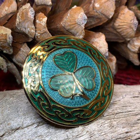 Load image into Gallery viewer, Celtic Shamrock Brooch, Shamrock Jewelry, Irish Brooch, Scarf Pin, Coat Pin, Enamel Jewelry, Irish Jewelry, Ireland Pin, Mom Gift, Lapel Pin