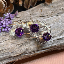 Load image into Gallery viewer, Thistle Brooch, Scotland Jewelry, Outlander Jewelry, Bridal Brooch, Thistle Jewelry, Scottish Jewelry, Celtic Brooch, Amethyst Silver Pin