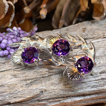 Load image into Gallery viewer, Thistle Brooch, Scotland Jewelry, Outlander Jewelry, Bridal Brooch, Thistle Jewelry, Scottish Jewelry, Celtic Brooch, Amethyst Silver Pin