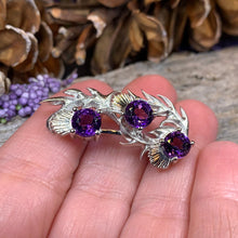 Load image into Gallery viewer, Thistle Brooch, Scotland Jewelry, Outlander Jewelry, Bridal Brooch, Thistle Jewelry, Scottish Jewelry, Celtic Brooch, Amethyst Silver Pin