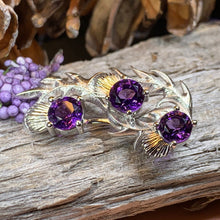 Load image into Gallery viewer, Thistle Brooch, Scotland Jewelry, Outlander Jewelry, Bridal Brooch, Thistle Jewelry, Scottish Jewelry, Celtic Brooch, Amethyst Silver Pin