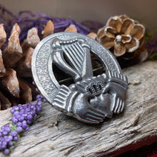 Load image into Gallery viewer, Claddagh Brooch, Celtic Jewelry, Irish Pin, Harp Brooch, Ireland Brooch, Anniversary Gift, Cap Badge Pin, Bagpiper Gift, Plaid Pin
