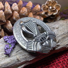 Load image into Gallery viewer, Claddagh Brooch, Celtic Jewelry, Irish Pin, Harp Brooch, Ireland Brooch, Anniversary Gift, Cap Badge Pin, Bagpiper Gift, Plaid Pin