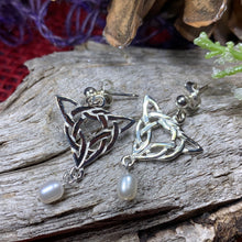 Load image into Gallery viewer, Celtic Knot Earrings, Celtic Jewelry, Irish Jewelry, Anniversary Gift, Scotland Jewelry, Wife Gift, Pearl Drop Earrings, Ireland Gift