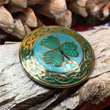 Load image into Gallery viewer, Celtic Shamrock Brooch, Shamrock Jewelry, Irish Brooch, Scarf Pin, Coat Pin, Enamel Jewelry, Irish Jewelry, Ireland Pin, Mom Gift, Lapel Pin