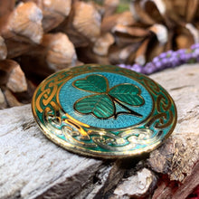 Load image into Gallery viewer, Celtic Shamrock Brooch, Shamrock Jewelry, Irish Brooch, Scarf Pin, Coat Pin, Enamel Jewelry, Irish Jewelry, Ireland Pin, Mom Gift, Lapel Pin