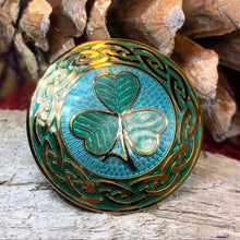 Load image into Gallery viewer, Celtic Shamrock Brooch, Shamrock Jewelry, Irish Brooch, Scarf Pin, Coat Pin, Enamel Jewelry, Irish Jewelry, Ireland Pin, Mom Gift, Lapel Pin