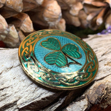 Load image into Gallery viewer, Celtic Shamrock Brooch, Shamrock Jewelry, Irish Brooch, Scarf Pin, Coat Pin, Enamel Jewelry, Irish Jewelry, Ireland Pin, Mom Gift, Lapel Pin