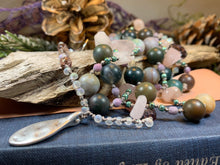 Load image into Gallery viewer, Rosemist Moonrise Long Necklace, Hand Knotted Necklace, Handmade Mala Necklace, Boho Necklace, Yoga Jewelry, Art Deco Necklace, Rose Quartz