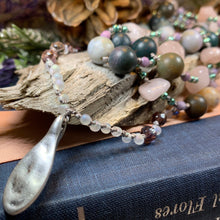 Load image into Gallery viewer, Rosemist Moonrise Long Necklace, Hand Knotted Necklace, Handmade Mala Necklace, Boho Necklace, Yoga Jewelry, Art Deco Necklace, Rose Quartz