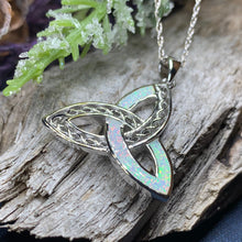 Load image into Gallery viewer, Celtic Knot Necklace, Trinity Knot Pendant, Fire Opal Jewelry, Irish Necklace, Scottish Jewelry, October Birthstone, Ireland Gift, Wife Gift