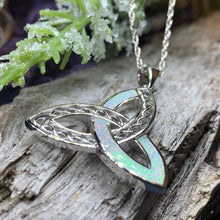Load image into Gallery viewer, Celtic Knot Necklace, Trinity Knot Pendant, Fire Opal Jewelry, Irish Necklace, Scottish Jewelry, October Birthstone, Ireland Gift, Wife Gift