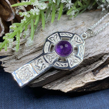 Load image into Gallery viewer, Celtic Cross Necklace, Irish Jewelry, Scottish Pendant, First Communion Gift, Religious Jewelry, Bridal Jewelry, Religious Jewelry, Amethyst