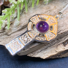 Load image into Gallery viewer, Celtic Cross Necklace, Irish Jewelry, Scottish Pendant, First Communion Gift, Religious Jewelry, Bridal Jewelry, Religious Jewelry, Amethyst
